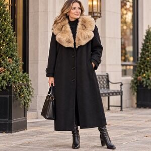 Vintage Komitor Wool Coat Women's 16 Black Full Length Fur Collar Made in USA